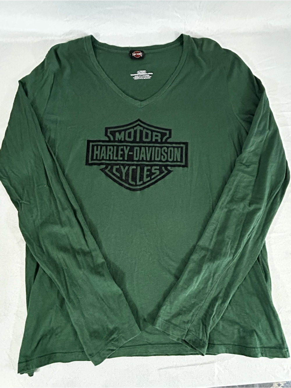 Harley-Davidson Women’s Long Sleeve V‑Neck Top - Forest Green with Black Logo